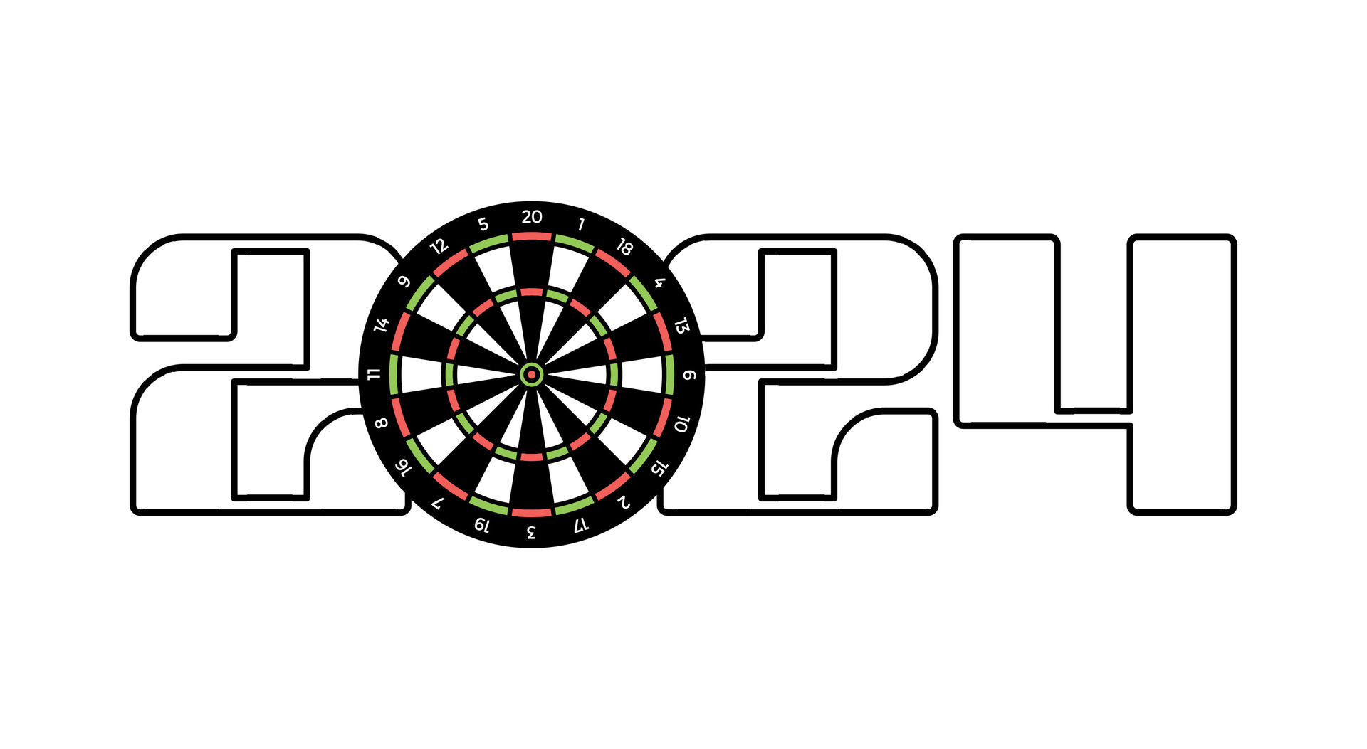 Happy New Year 2024 and dart ball. Sports greeting card with sport ball