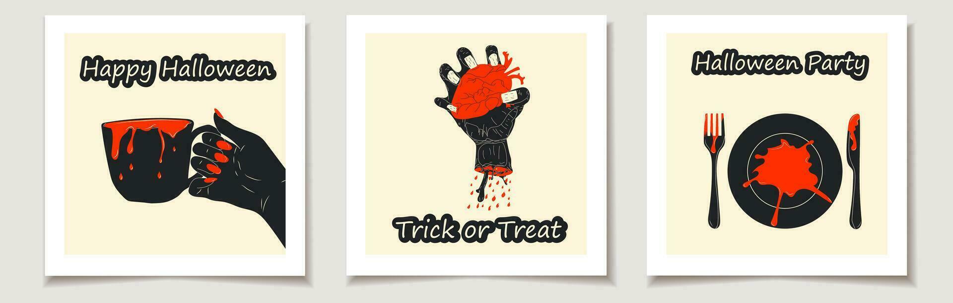 Set of Halloween cards with Set  blood. Greeting cards with Magic items. vector