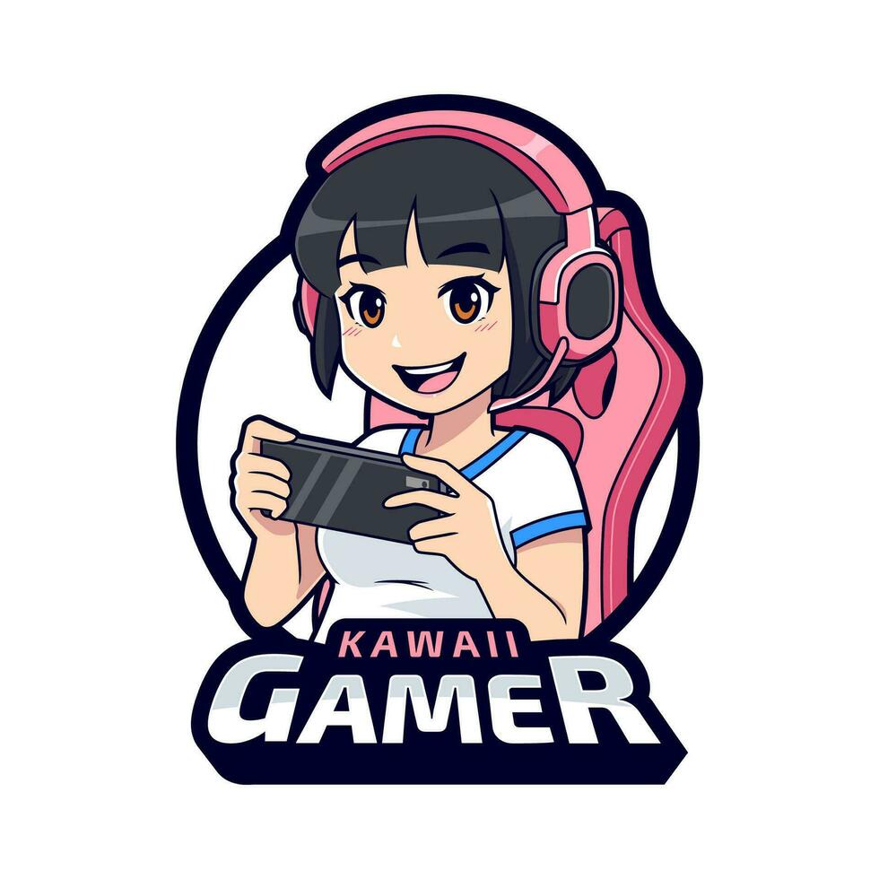 Cute gamer character mascot logo, Gamer girl esport logo template vector