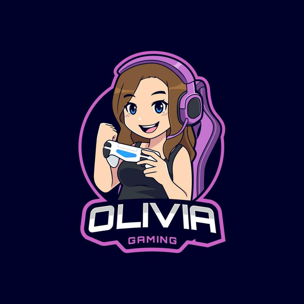 Cute gamer character mascot logo, Gamer girl esport logo template vector