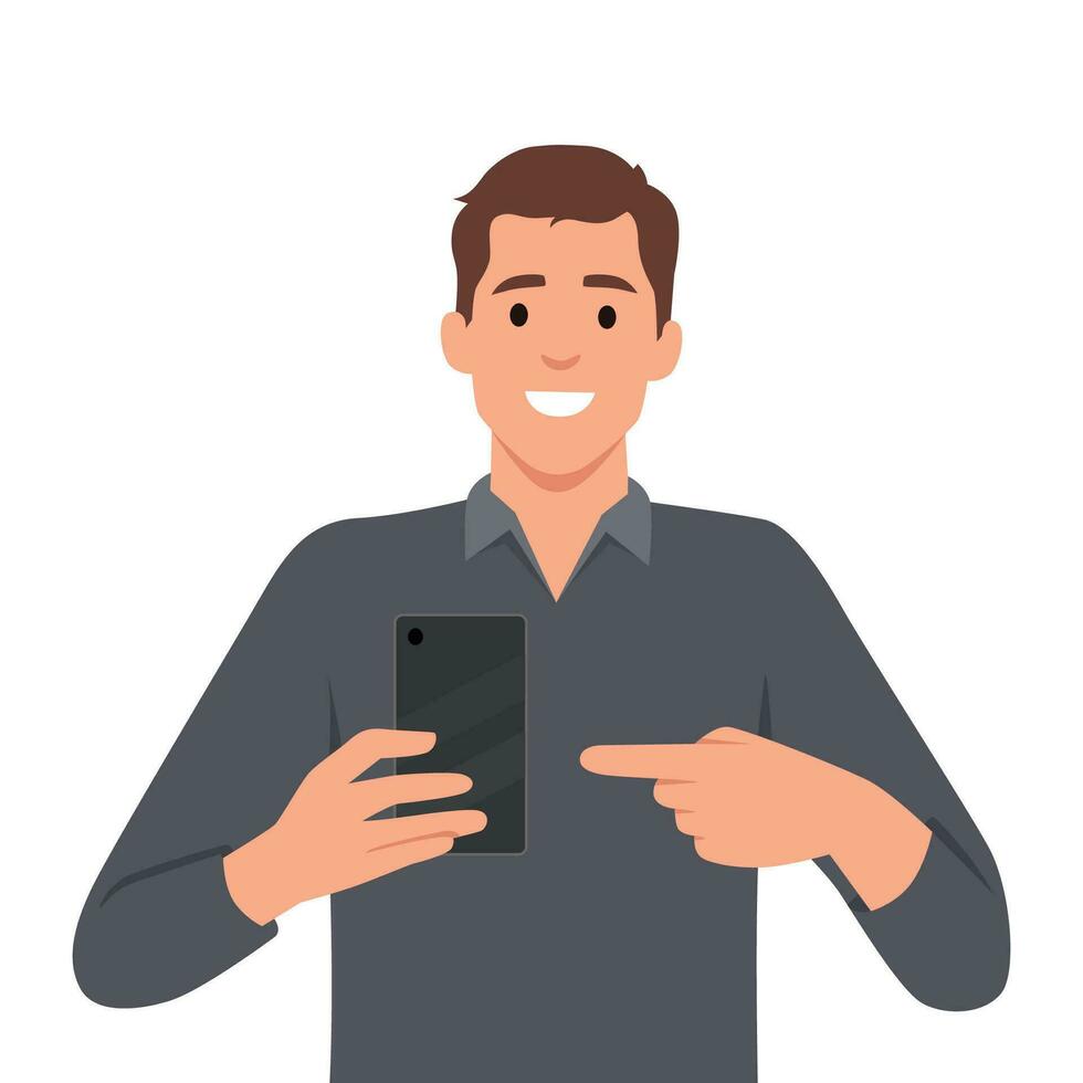 Stylish young businessman in vest suit showing blank mobile, cell phone and pointing finger. Trendy person holding smartphone screen. vector