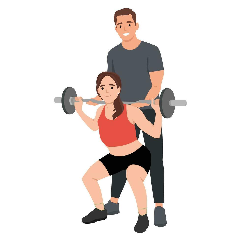 Personal trainer. Girl lifts a barbell under the guidance of an instructor vector