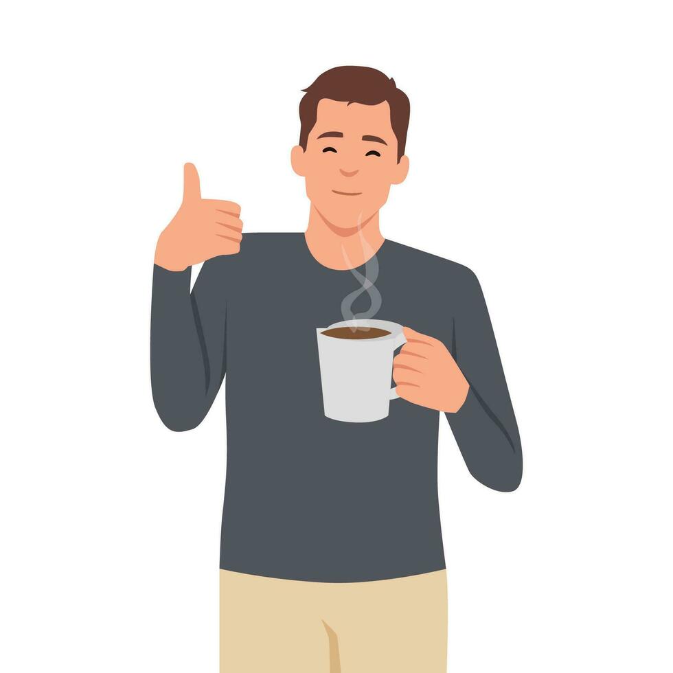 contento alegre hombre con taza de té gesticulando como. vector