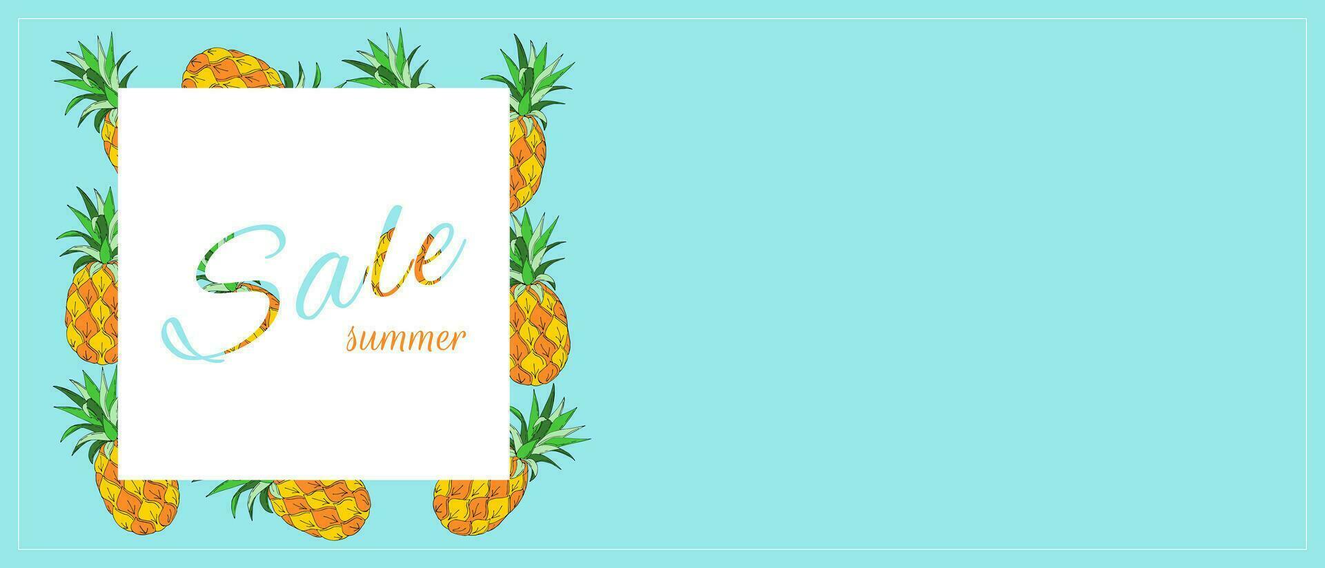 Horizontal banner for summer sale. Summer ripe pineapple hand drawn. Sale promotional material vector illustration. Sale flyer design with empty insert space.