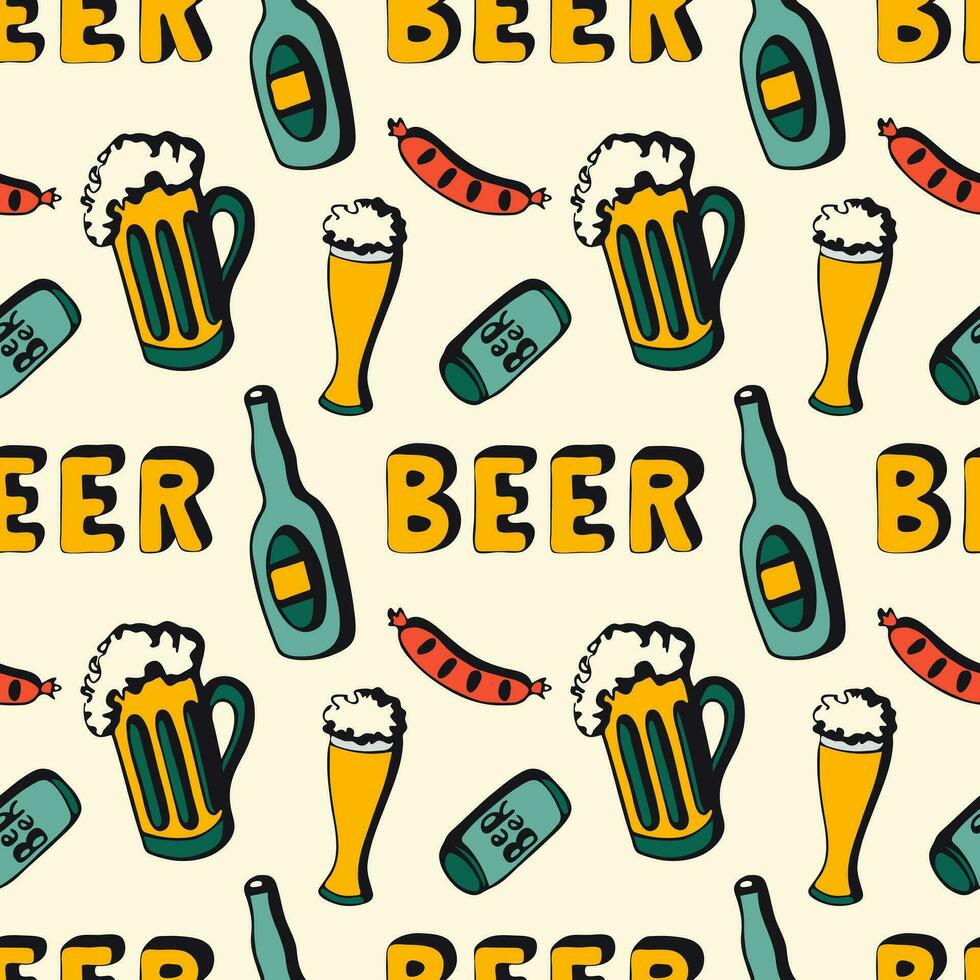 oktoberfest pattern with beer sausages and beer glasses and bottles. vector
