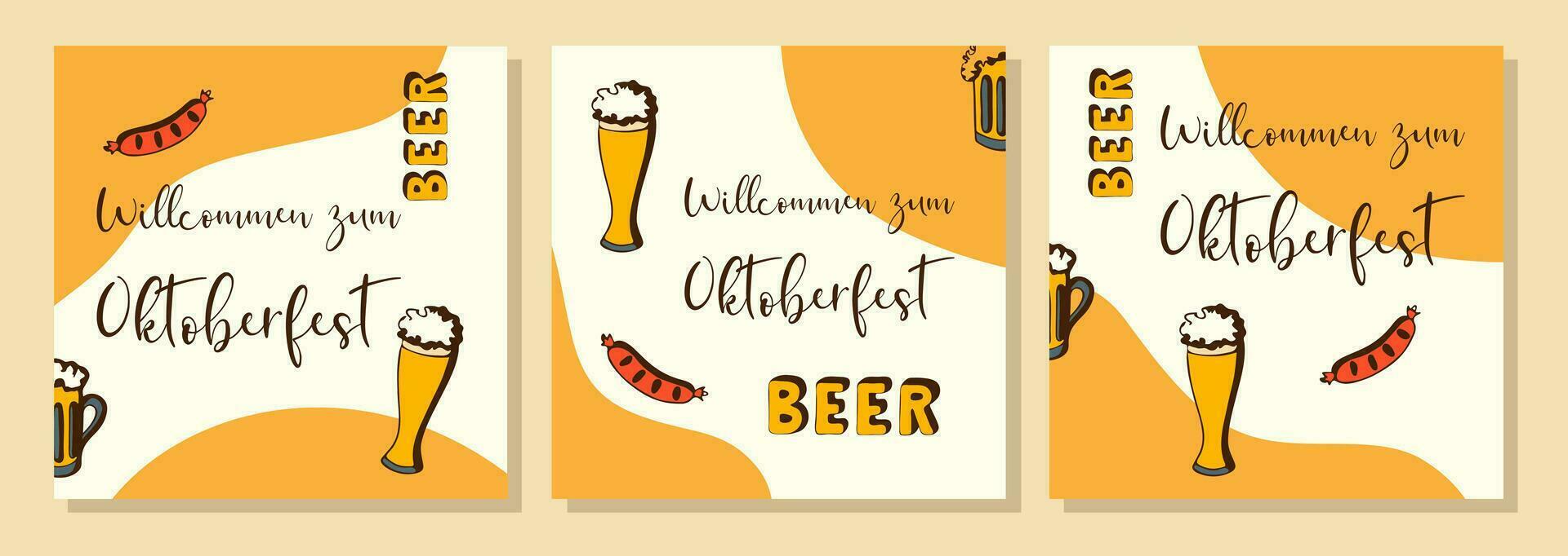 Oktoberfest. Beer festival. Orange posters set with doodle hand drawn and inscription Willcommen zum Oktoberfest. vector