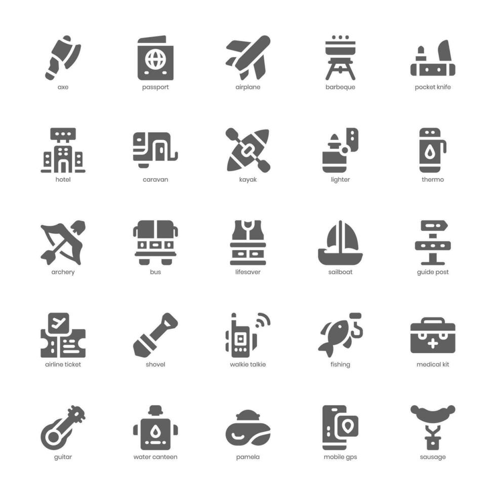 Camping and Tourism icon pack for your website, mobile, presentation, and logo design. Camping and Tourism icon glyph design. Vector graphics illustration and editable stroke.