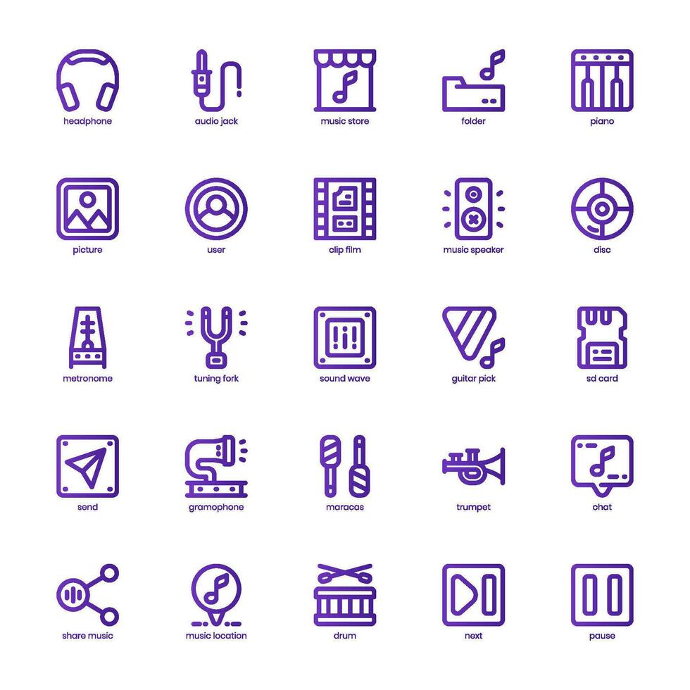 Music and Multimedia icon pack for your website, mobile, presentation, and logo design. Music and Multimedia icon basic line gradient design. Vector graphics illustration and editable stroke.