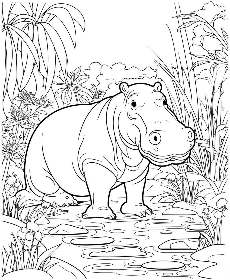 Hippopotamus jungle coloring page vector