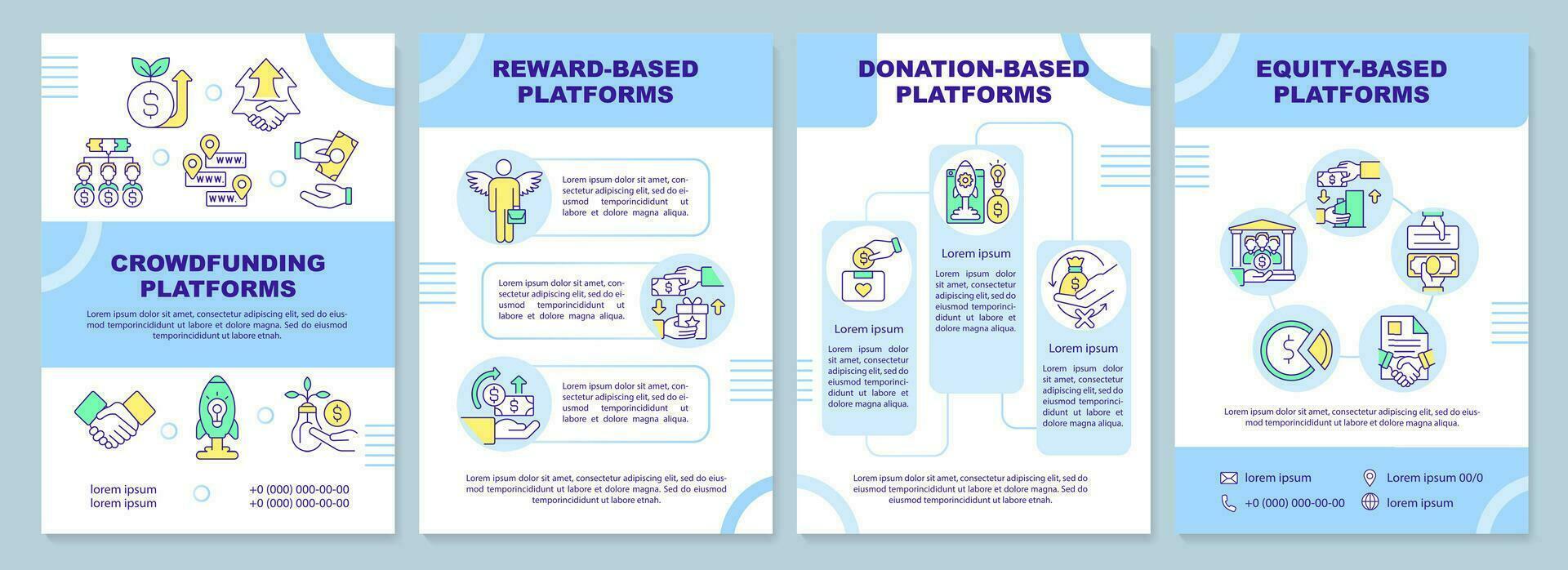Crowdfunding platforms blue brochure template. Invest startup. Leaflet design with linear icons. Editable 4 vector layouts for presentation, annual reports