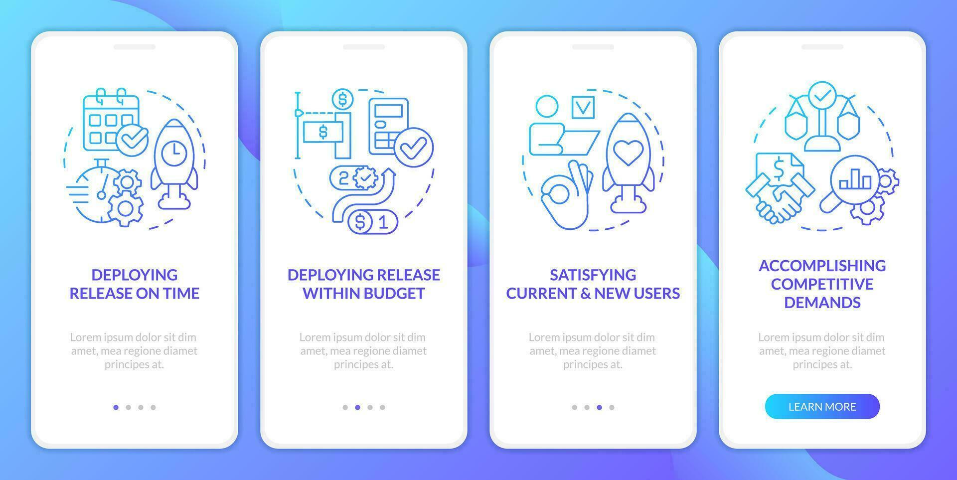 Release management success factors blue gradient onboarding mobile app screen. Walkthrough 4 steps graphic instructions with linear concepts. UI, UX, GUI template vector