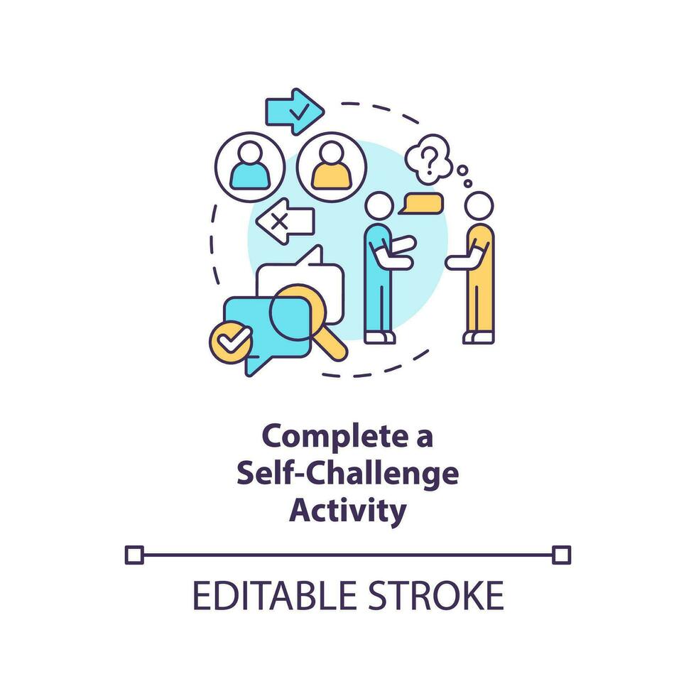 Complete self challenge activity concept icon. Dealing with confirmation bias tip abstract idea thin line illustration. Isolated outline drawing. Editable stroke vector