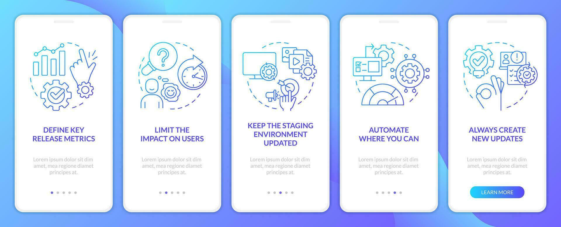 Releasing management process tips blue gradient onboarding mobile app screen. Walkthrough 5 steps graphic instructions with linear concepts. UI, UX, GUI template vector