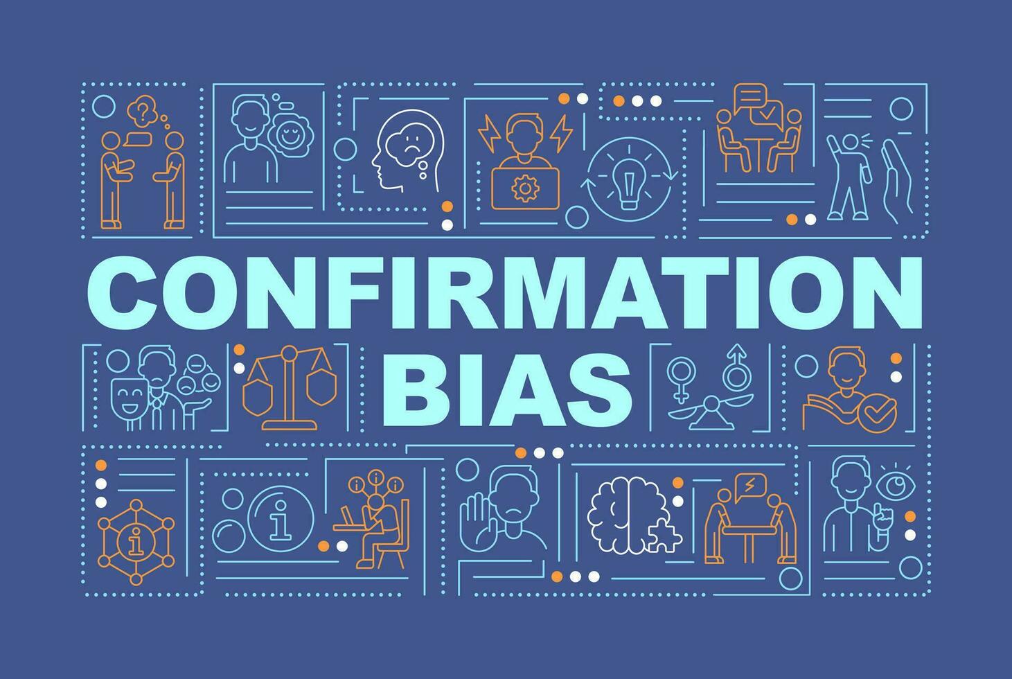 Confirmation bias word concepts dark blue banner. Psychological concept. Infographics with editable icons on color background. Isolated typography. Vector illustration with text
