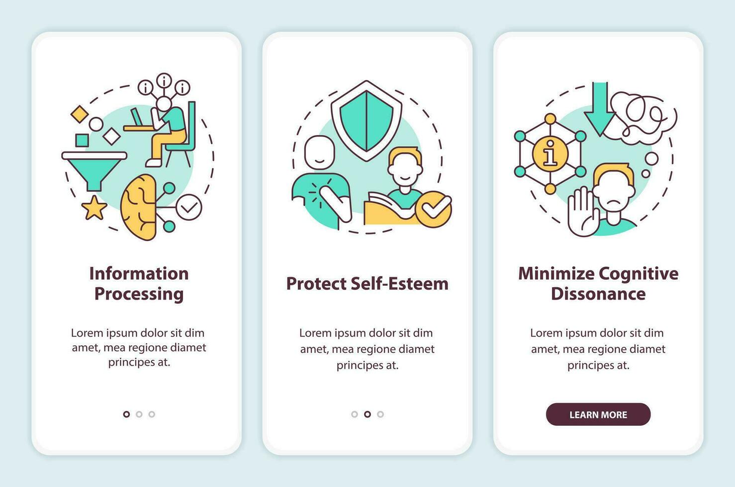 Explanations of confirmation bias onboarding mobile app screen. Walkthrough 3 steps editable graphic instructions with linear concepts. UI, UX, GUI template vector