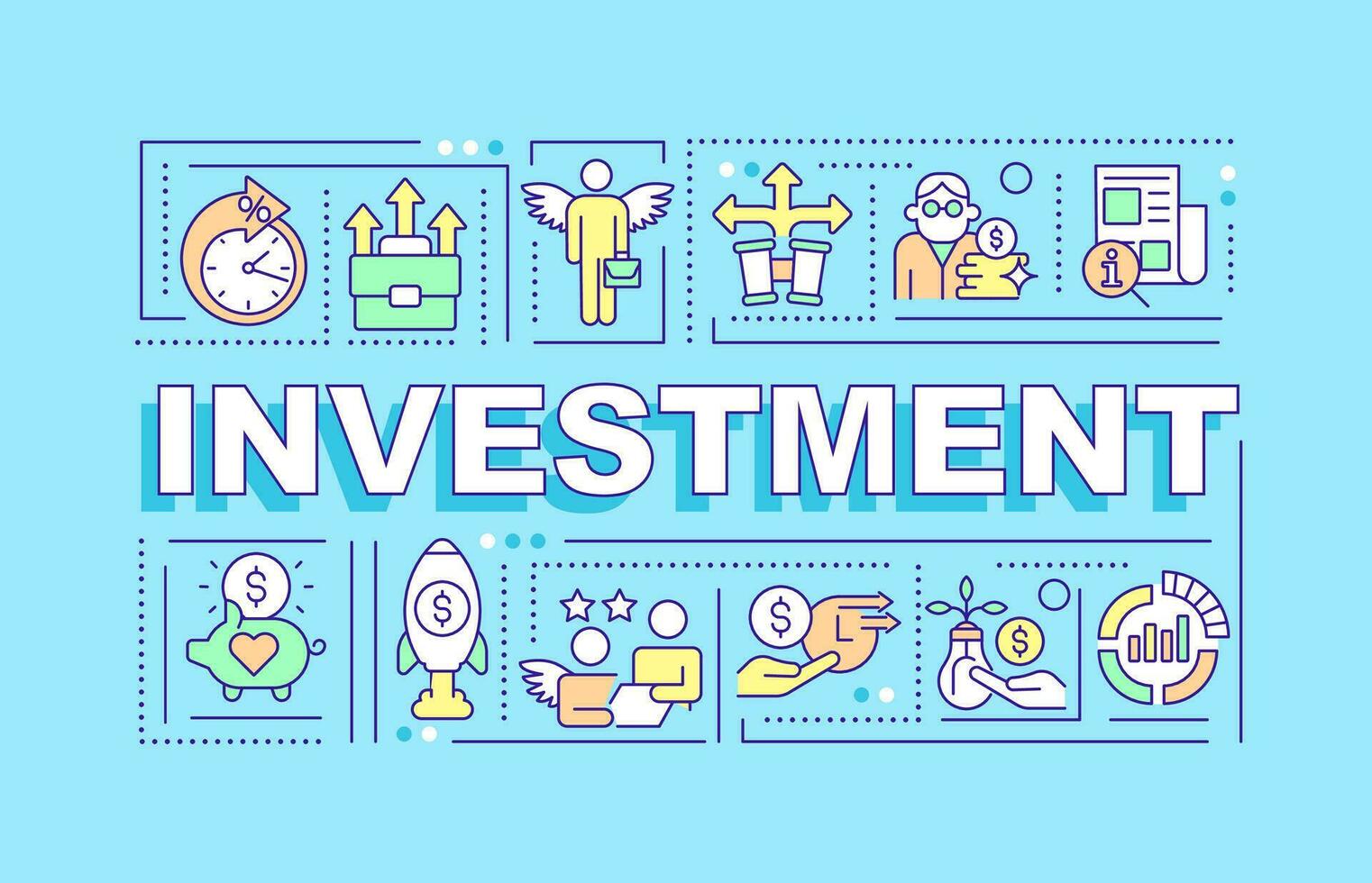 Investment word concepts blue banner. Funding small business. Startup. Infographics with editable icons on color background. Isolated typography. Vector illustration with text
