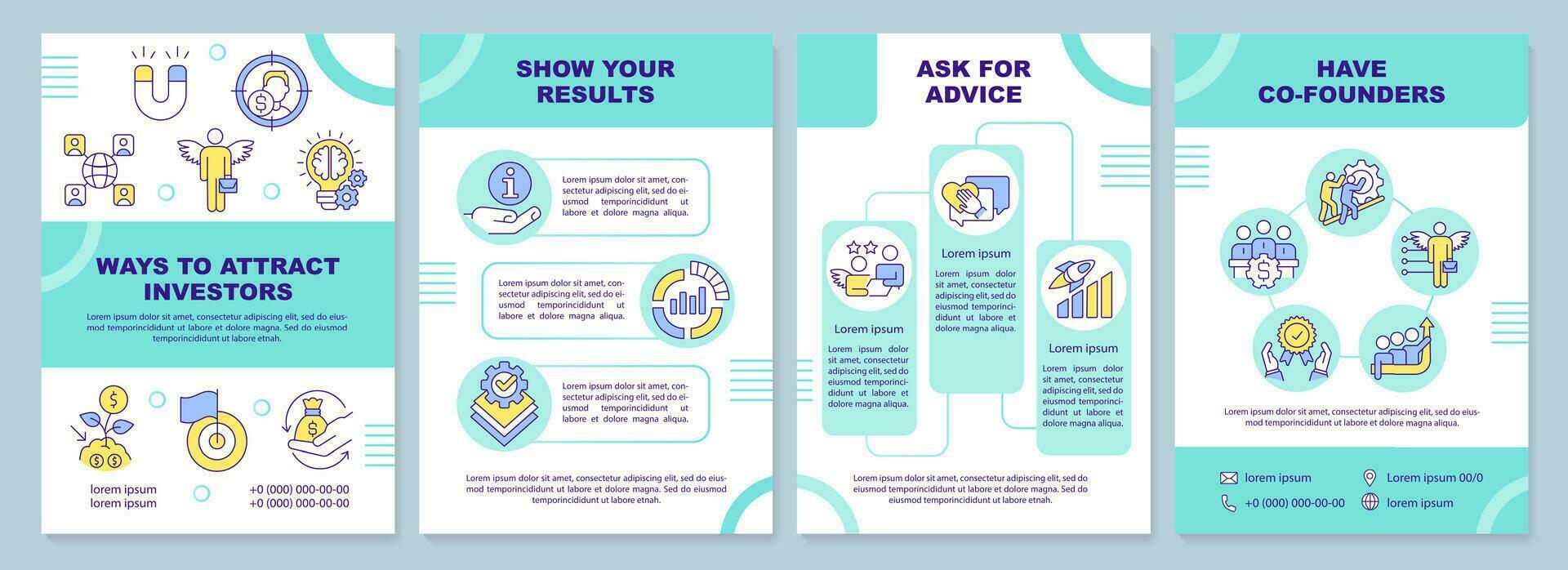 Ways to attract investors turquoise brochure template. Leaflet design with linear icons. Editable 4 vector layouts for presentation, annual reports