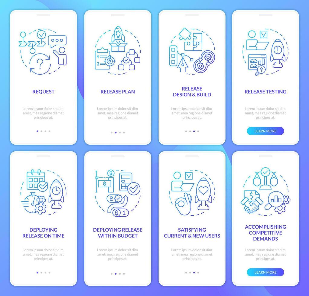 lanzamiento planificación proceso azul degradado inducción móvil aplicación pantalla colocar. recorrido 4 4 pasos gráfico instrucciones con lineal conceptos. ui, ux, gui modelo vector