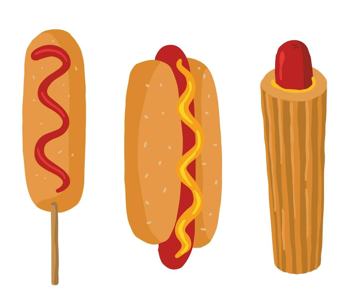 Set of hot dog, corn dog, french hot dog. Collection of fast food doodles. Hand drawn vector illustration in flat style. Cartoon cliparts isolated on white background.