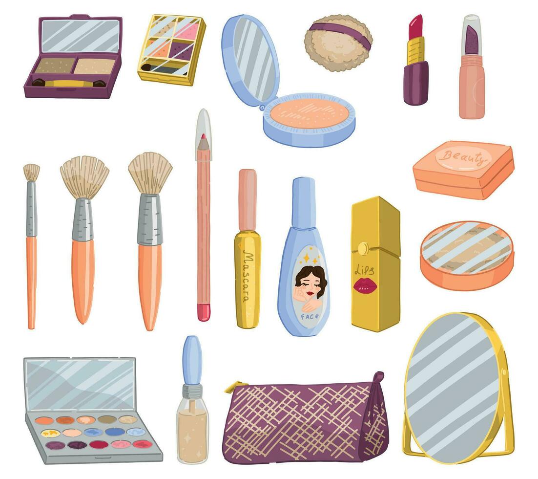 maquillaje equipo clipart. cosmético garabatos recopilación. dibujos animados estilo vector ilustraciones conjunto aislado en blanco antecedentes.