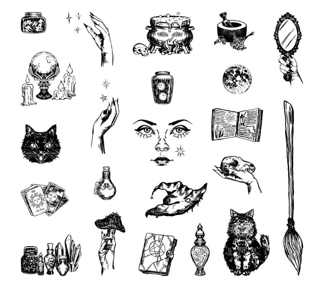 Set of witch attributes. Inventory, jars, books of magic, esoteric items, tarot cards. Sketches vector collection. Halloween mystery clip arts isolated on white.