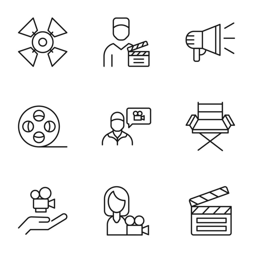 Pack of isolated vector symbols drawn in line style. Editable stroke. Icons of studio light, actor, loud speaker, actress, camera, clapping board