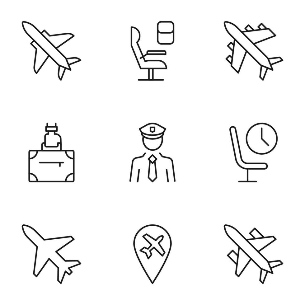 Pack of isolated vector symbols drawn in line style. Editable stroke. Icons of luggage, seat, plane, pilot, destination