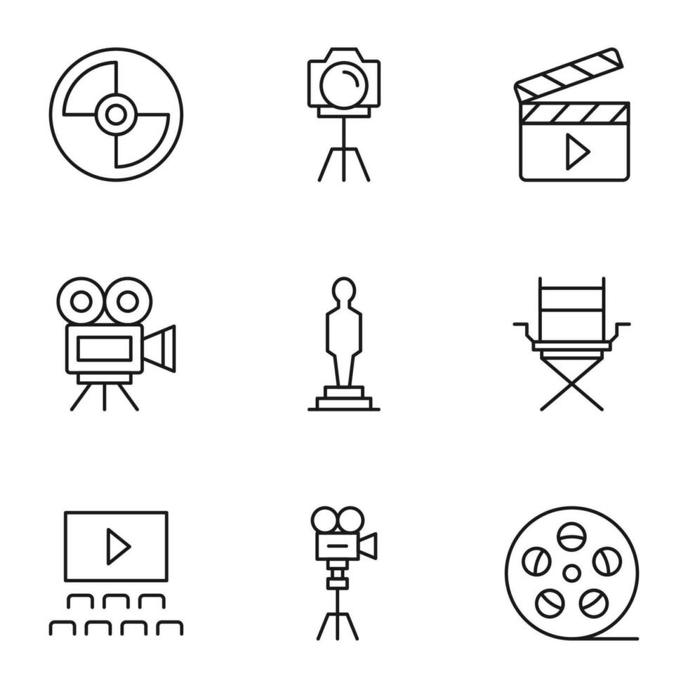 Pack of isolated vector symbols drawn in line style. Editable stroke. Icons of camera, filming, clapper board, statuette, directors chair, cinema hall