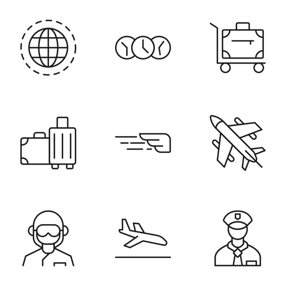 Pack of isolated vector symbols drawn in line style. Editable stroke. Icons of world, clock, suitcase, baggage, wing, plane, pilot