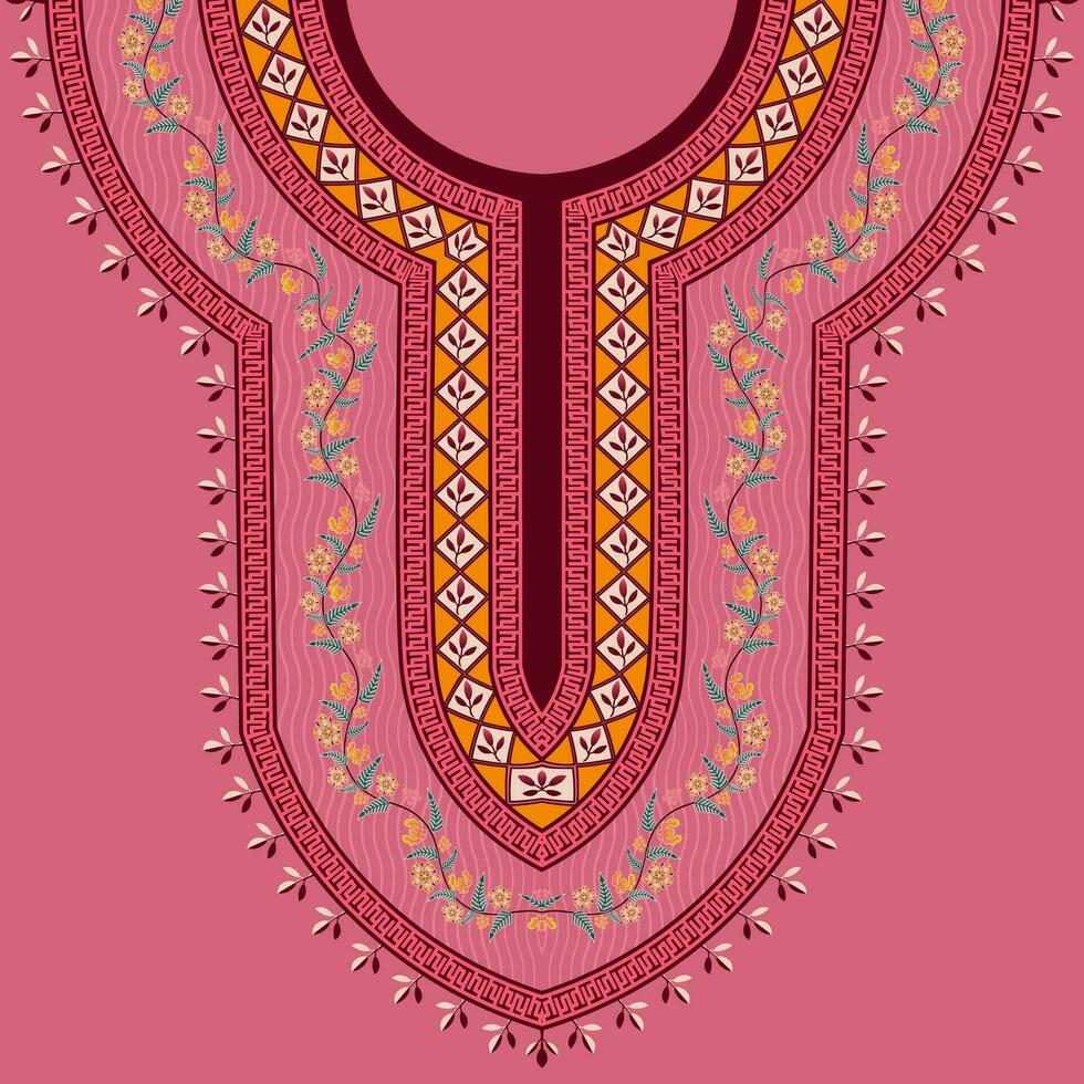 Floral ornamental embroidery neckline pattern design in batik style vector