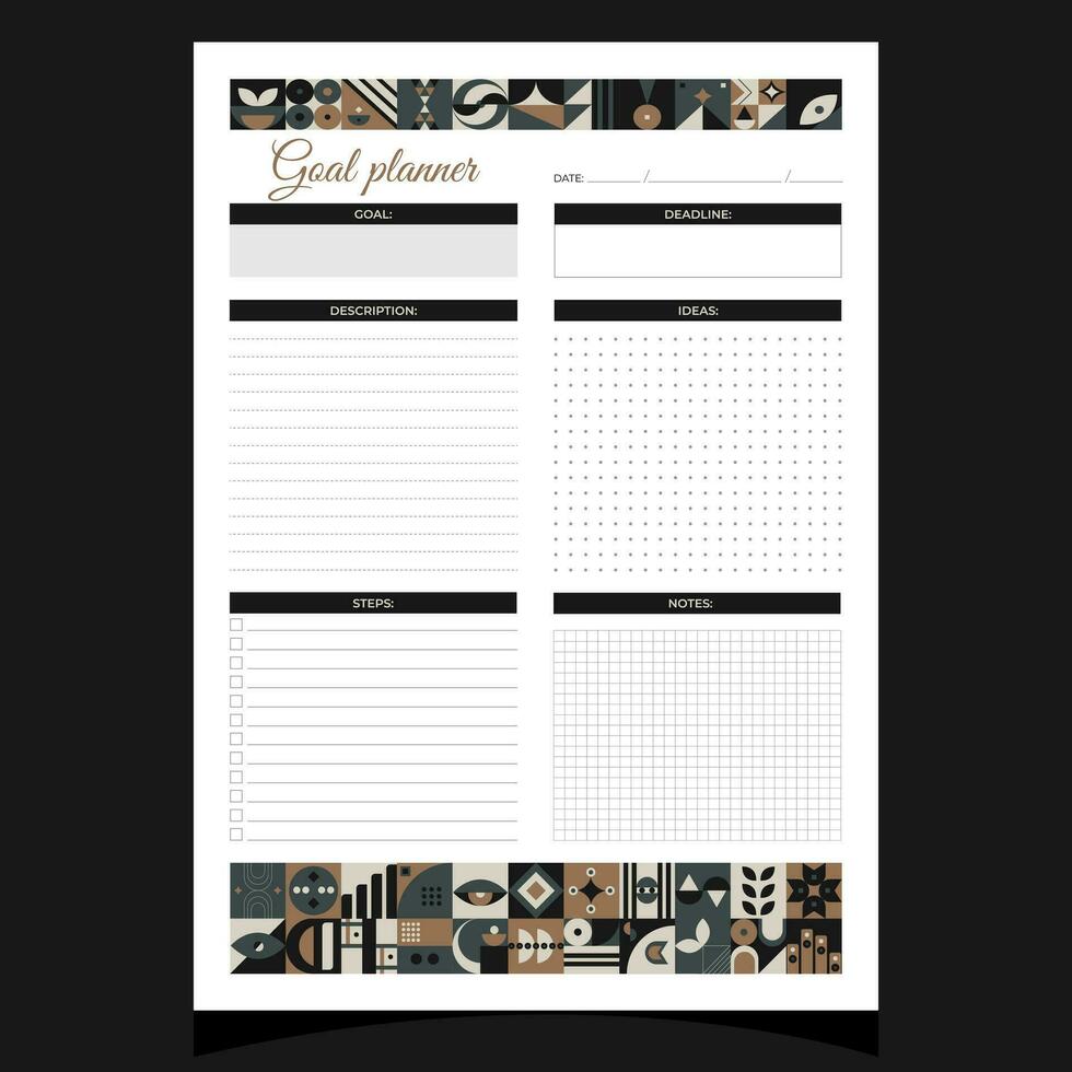 Goal planner geometric. Goal planner printable template with geometric shapes. Blank white notebook page A4. Vector illustration.