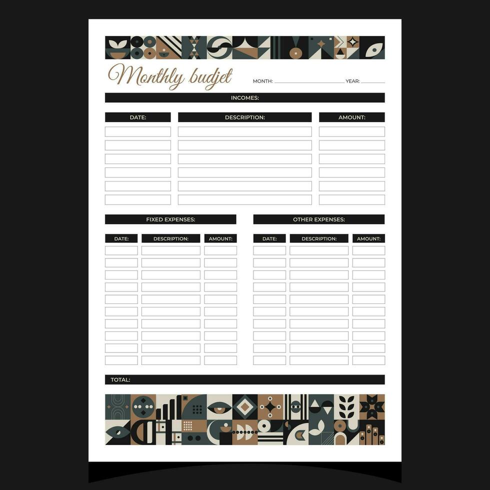 Planner monthly budjet geometric. Monthly budjet printable template with geometric shapes. Blank white notebook page A4. Vector illustration.