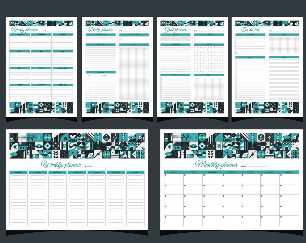 planificadores conjunto geometría. a diario, semanalmente, mensual, anual, objetivo y a hacer lista planificadores planificadores imprimible modelo con geométrico formas blanco blanco cuaderno página a4. vector ilustración.