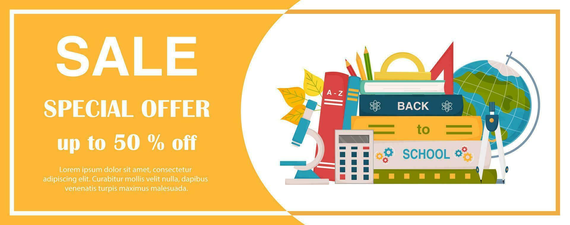Back to school sale horizontal banner. Web header template. Book sale poster, banner, template for promotion with stack of textbooks, globe, calculator, microscope, pencils, triangle. Autumn sale. vector