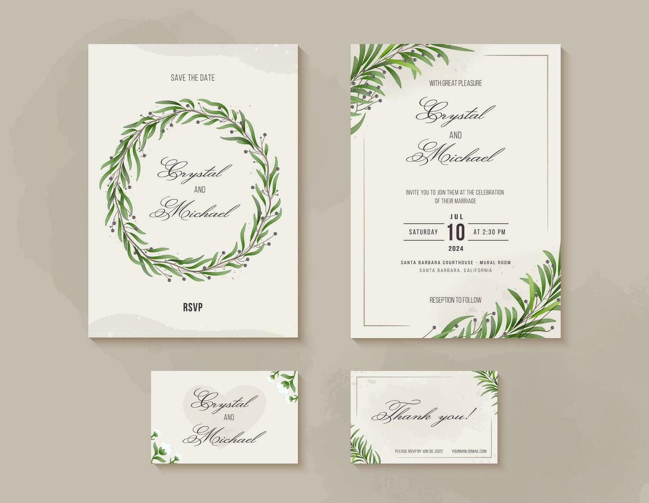 Set of wedding invitation frames, leaves, fruits, watercolor. Sketchy wreath, herbal garland with green and beige color. Handdrawn Vector watercolor style, nature art. Rustic style.