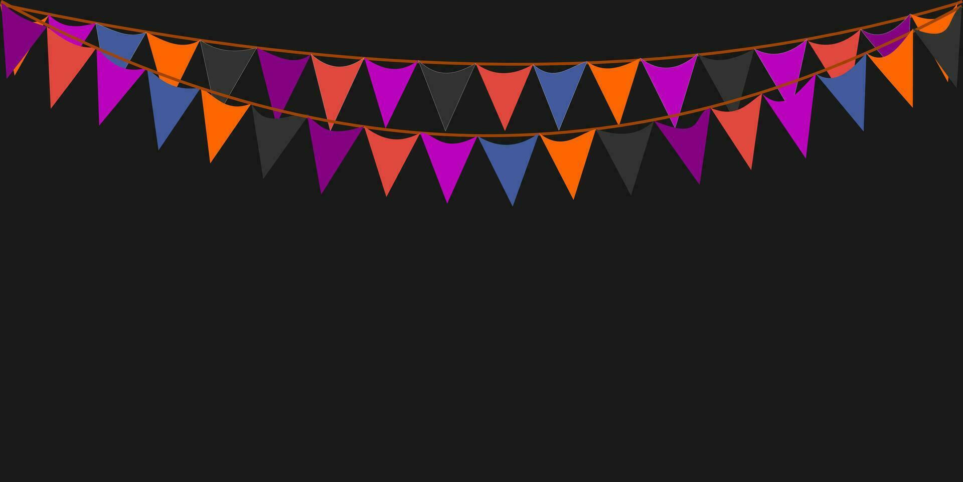 Bunting Hanging Orange Black Violet Dark Flags Triangles Banner Background. Halloween, Trick, Treat, Night, Harvesting, Autumn, Thanksgiving, Goust, Pumpkin, party, celebration concepts. vector
