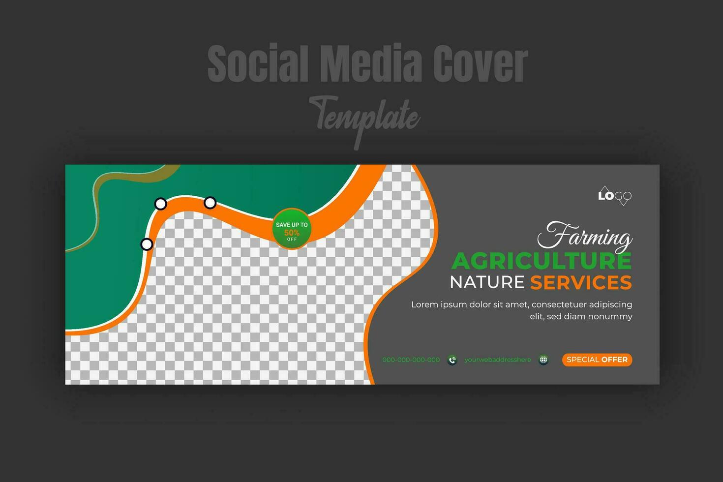 Agriculture and farming service social media cover or post design template, modern lawn mower garden, landscaping service promote with abstract green color shapes and black background vector