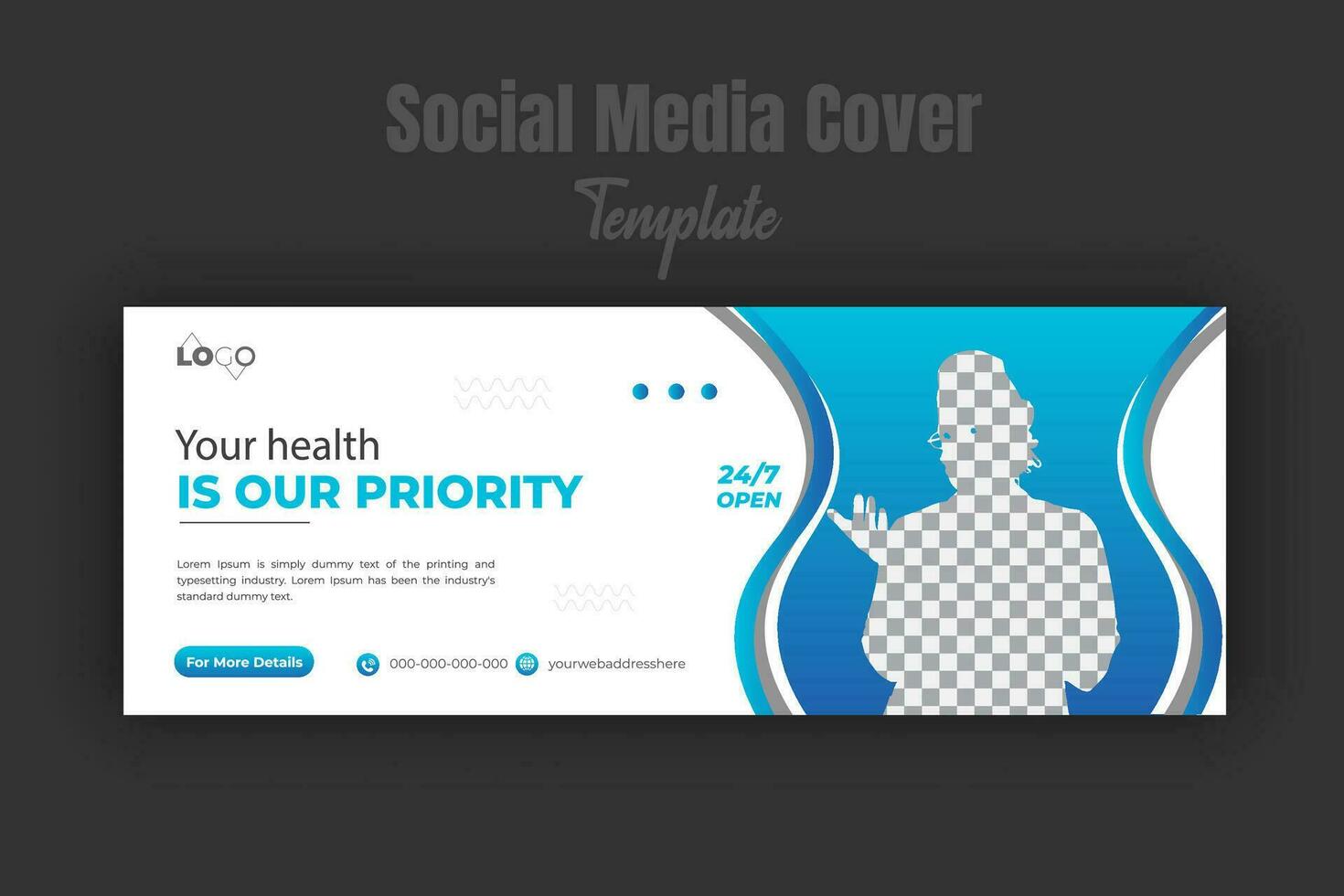 Medical care and treatment social media or timeline cover or web banner design template for service promotion with geometric blue gradient color shape vector