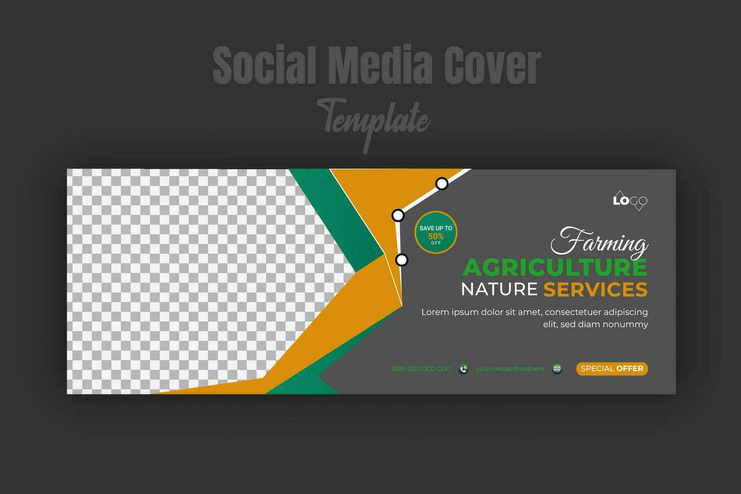 Agriculture and farming service social media cover or post design template, modern lawn mower garden, landscaping service promote with abstract green color shapes and black background vector