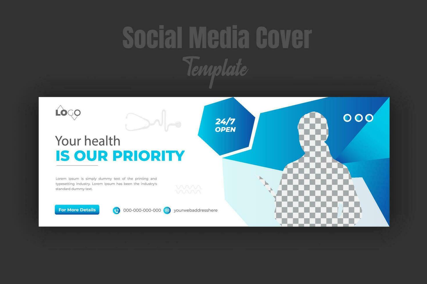 Medical and healthcare social media post design template with editable web banner. Modern and corporate business promotion timeline cover or banner with abstract blue gradient color shapes vector