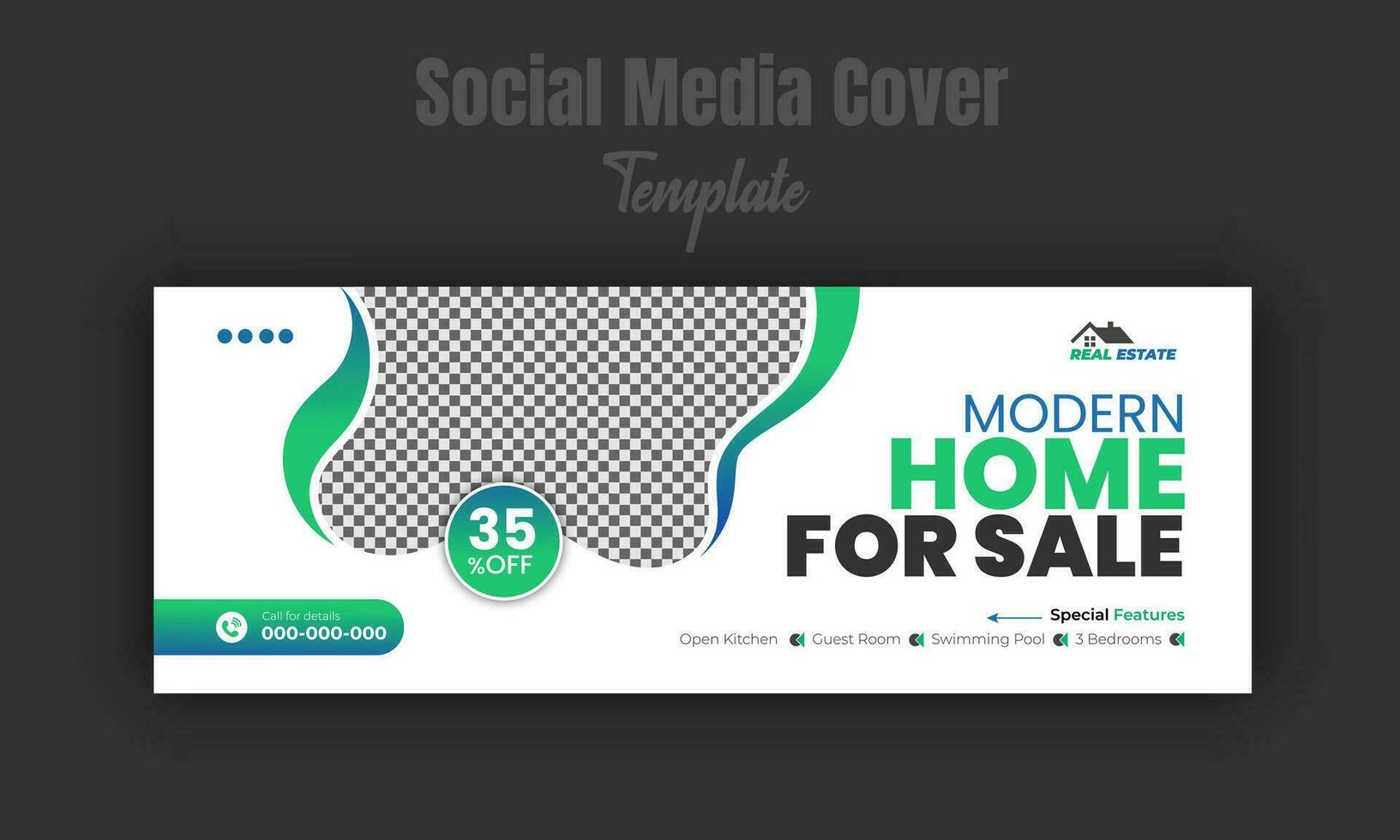Modern home for sale social media post design template, banner, timeline cover, real estate company web banner with white background and geometric gradient color shape vector