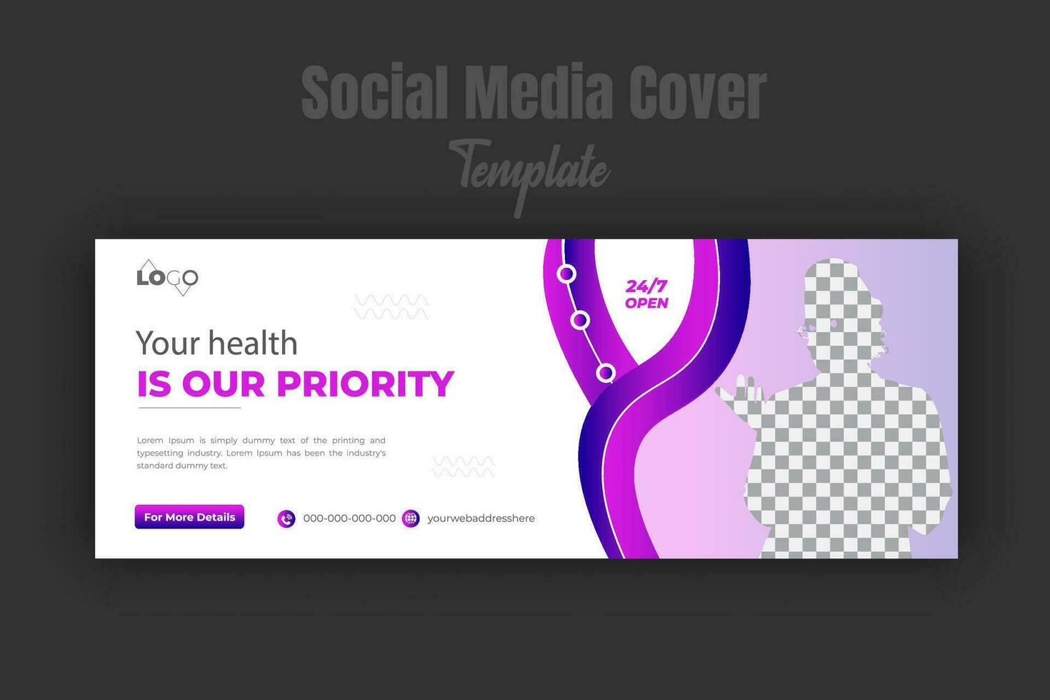 Healthcare and medical treatment social media or timeline cover or web banner design template for service promotion with abstract purple gradient color shapes vector