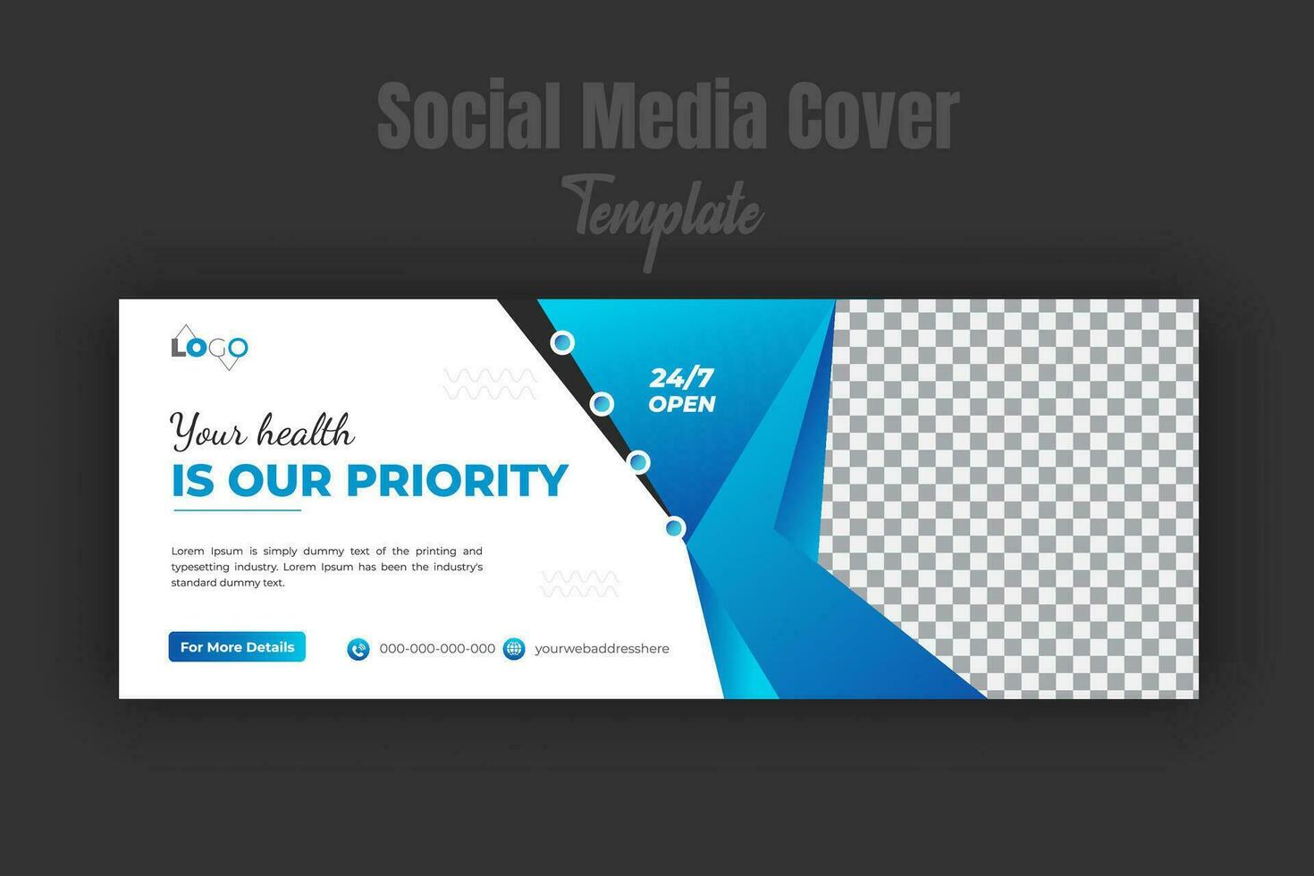 Medical care and treatment social media or timeline cover or web banner design template for service promotion with geometric blue gradient color shape vector