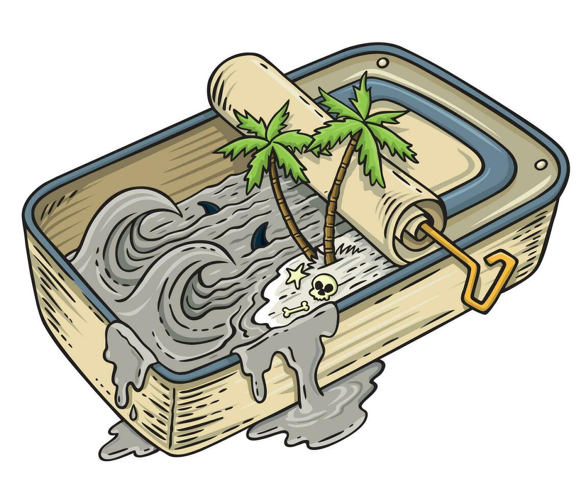 Hand drawn vector illustration of tropical island landscape with surfable waves inside a sardine tin. Drawing in a stripped-back style of fantasy situation. Editable art.