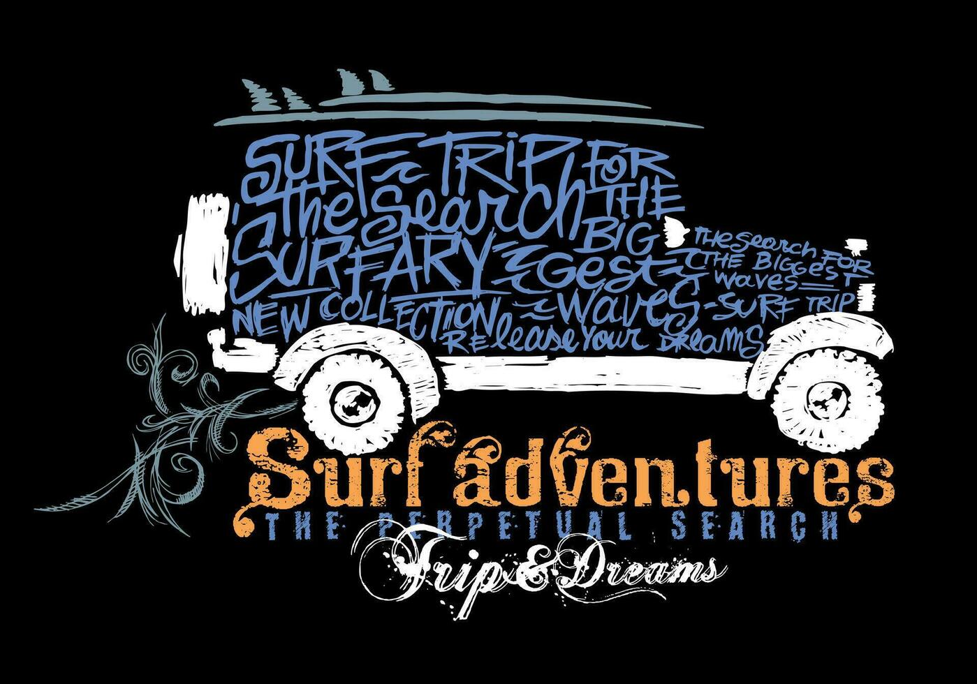 Vector illustration of surfer car silhouette. Stylized car formed by lettering. Editable design for prints on t-shirts, posters and etc.