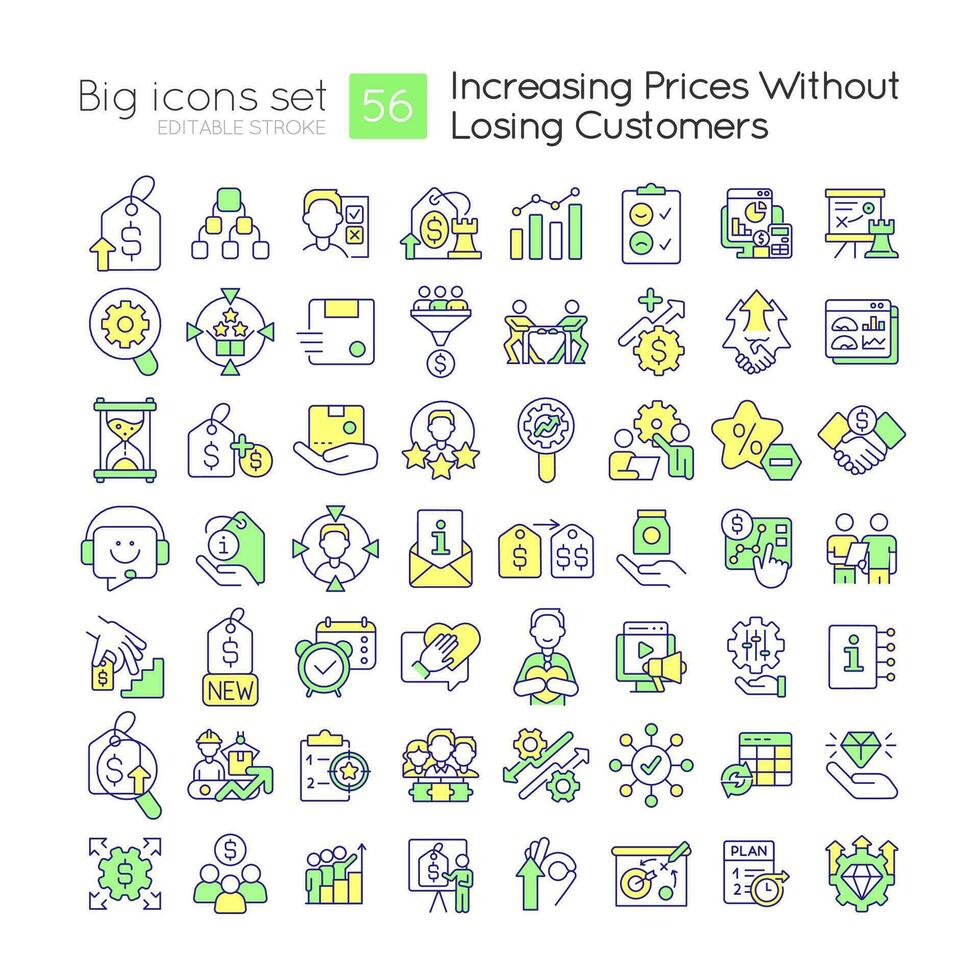 Increasing prices without losing customers RGB color icons set. Business strategy. Isolated vector illustrations. Simple filled line drawings collection. Editable stroke used