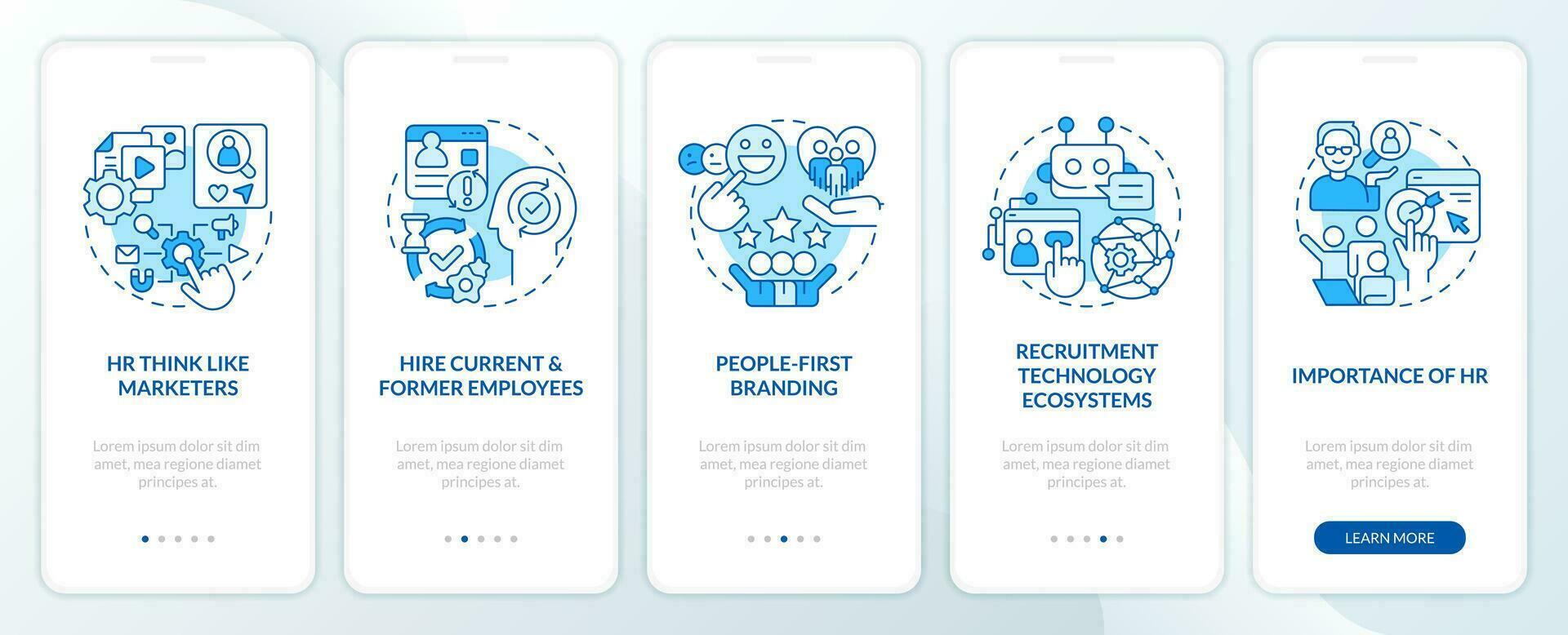 Recruitment trends blue onboarding mobile app screen. Human resources walkthrough 5 steps editable graphic instructions with linear concepts. UI, UX, GUI template vector