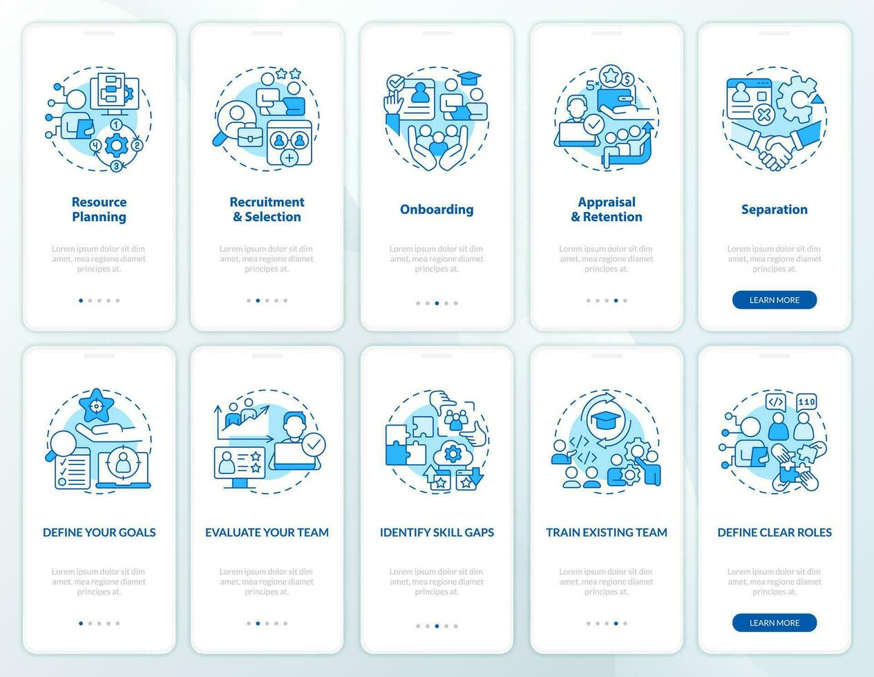 Information technology staffing blue onboarding mobile app screens set. Walkthrough 5 steps editable graphic instruction with linear concepts. UI, UX, GUI template vector