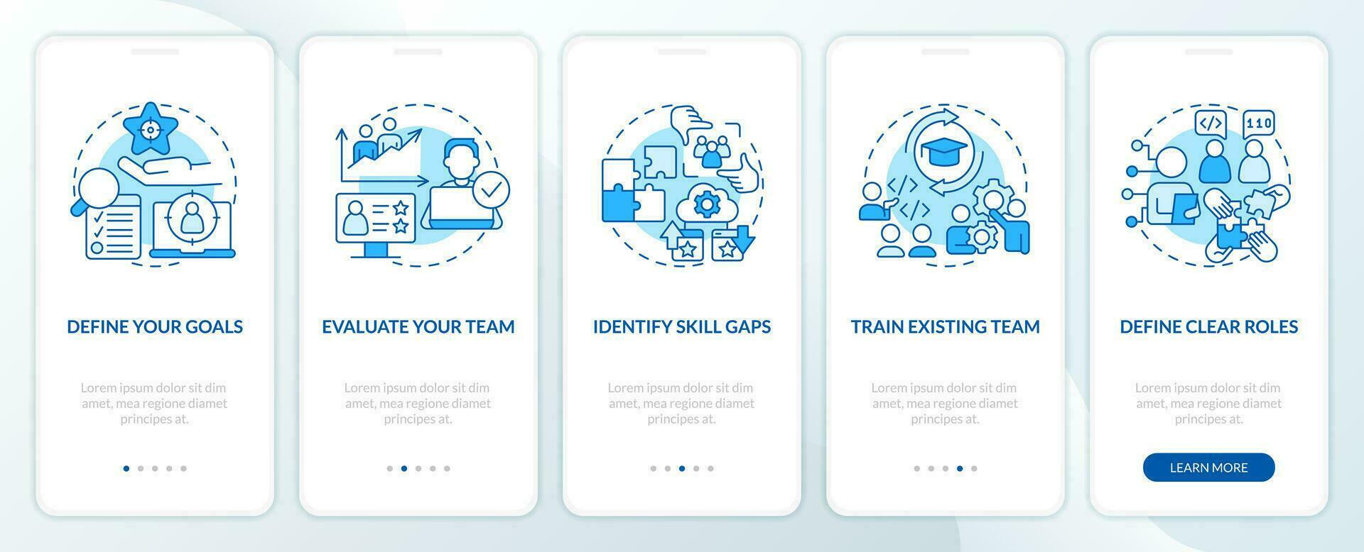 IT staffing tips blue onboarding mobile app screen. Hiring process walkthrough 5 steps editable graphic instructions with linear concepts. UI, UX, GUI template vector