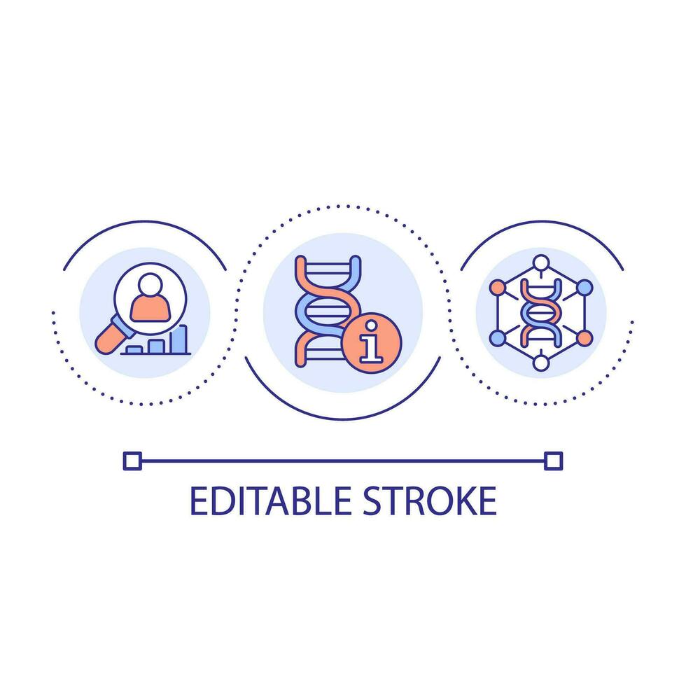 Human genome investigation loop concept icon. Digital technology in medicine. Biotechnology development abstract idea thin line illustration. Isolated outline drawing. Editable stroke vector